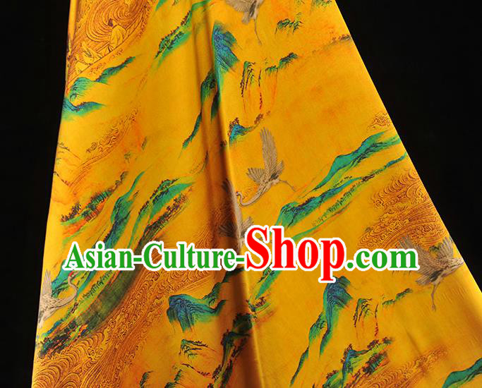 Chinese Classical Crane Pattern Silk Fabric Traditional Yellow Gambiered Guangdong Gauze Cheongsam Cloth Material Chinese Classical Crane Pattern Silk Fabric Traditional Yellow Gambiered Guangdong Gauze Cheongsam Cloth Material