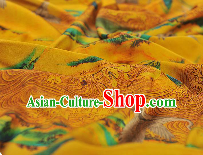 Chinese Classical Crane Pattern Silk Fabric Traditional Yellow Gambiered Guangdong Gauze Cheongsam Cloth Material Chinese Classical Crane Pattern Silk Fabric Traditional Yellow Gambiered Guangdong Gauze Cheongsam Cloth Material