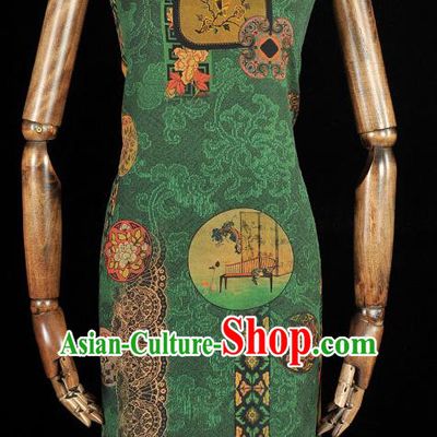 Chinese Traditional Classical Folding Screen Pattern Gambiered Guangdong Gauze Silk Fabric Cheongsam Green Cloth Material
