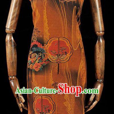 Chinese Classical Palace Fan Pattern Gambiered Guangdong Gauze Cloth Material Traditional Cheongsam Brown Silk Fabric