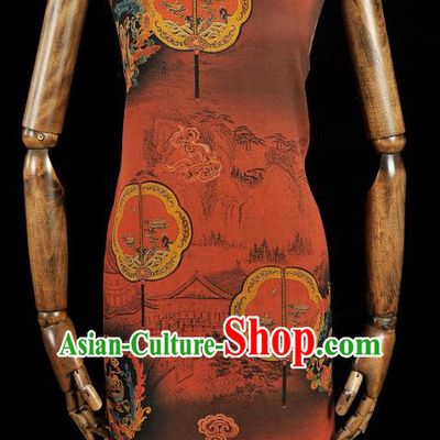 Chinese Classical Palace Fans Pattern Gambiered Guangdong Gauze Cloth Material Traditional Cheongsam Red Silk Fabric