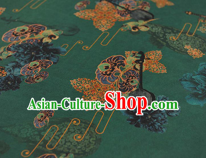 Chinese Classical Lute Pattern Green Gambiered Guangdong Gauze Traditional Cloth Material Cheongsam Silk Fabric Chinese Classical Lute Pattern Green Gambiered Guangdong Gauze Traditional Cloth Material Cheongsam Silk Fabric