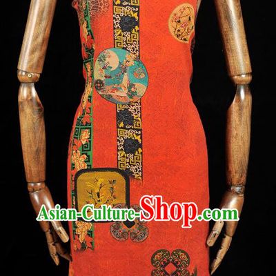 Chinese Traditional Cheongsam Red Cloth Material Classical Folding Screen Pattern Gambiered Guangdong Gauze Silk Fabric