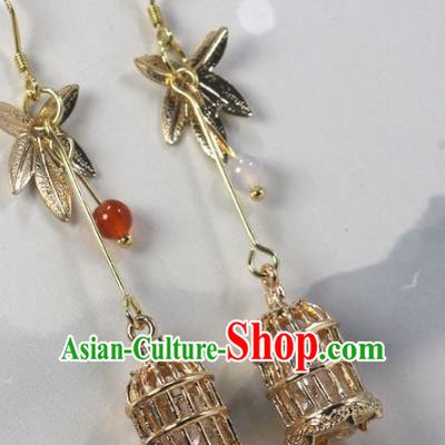 Handmade Chinese National Golden Birdcage Earrings Traditional Cheongsam Classical Ear Accessories