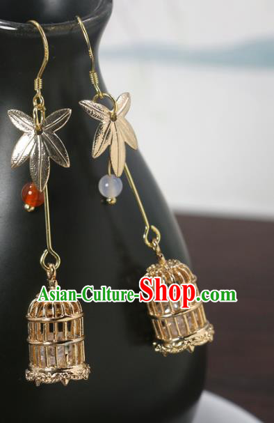 Handmade Chinese National Golden Birdcage Earrings Traditional Cheongsam Classical Ear Accessories Handmade Chinese National Golden Birdcage Earrings Traditional Cheongsam Classical Ear Accessories