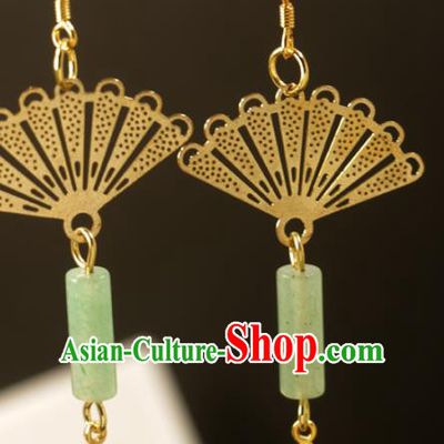 Handmade Chinese National Jade Tassel Earrings Traditional Cheongsam Classical Golden Fan Ear Accessories