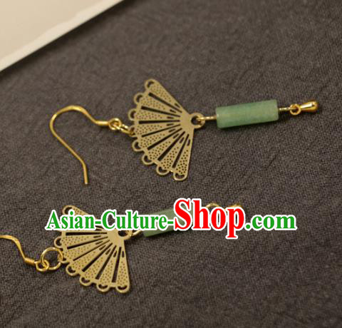 Handmade Chinese National Jade Tassel Earrings Traditional Cheongsam Classical Golden Fan Ear Accessories Handmade Chinese National Jade Tassel Earrings Traditional Cheongsam Classical Golden Fan Ear Accessories