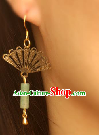 Handmade Chinese National Jade Tassel Earrings Traditional Cheongsam Classical Golden Fan Ear Accessories Handmade Chinese National Jade Tassel Earrings Traditional Cheongsam Classical Golden Fan Ear Accessories