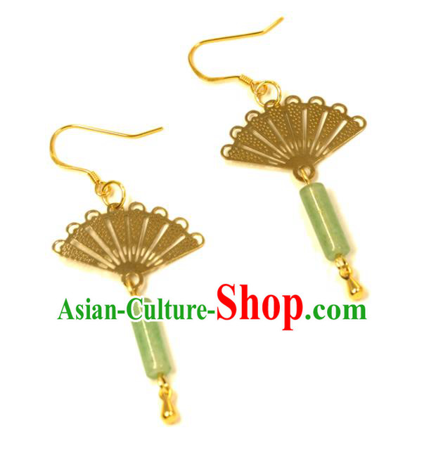 Handmade Chinese National Jade Tassel Earrings Traditional Cheongsam Classical Golden Fan Ear Accessories Handmade Chinese National Jade Tassel Earrings Traditional Cheongsam Classical Golden Fan Ear Accessories