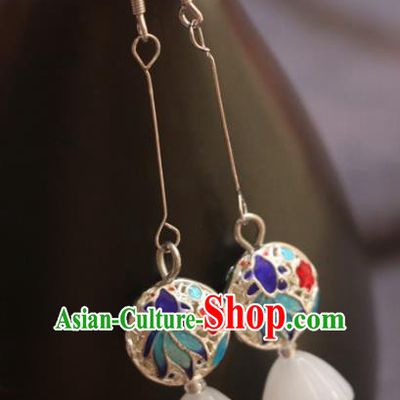 Handmade Traditional White Jade Lotus Seedpod Ear Accessories Chinese National Blueing Goldfish Earrings