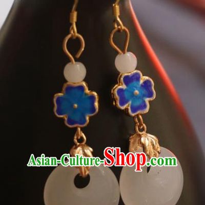 Handmade Traditional Enamel Flower Ear Accessories Chinese National White Jade Ring Earrings