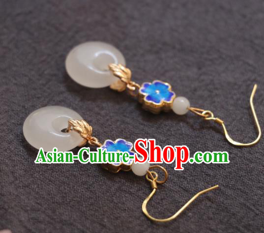 Handmade Traditional Enamel Flower Ear Accessories Chinese National White Jade Ring Earrings Handmade Traditional Enamel Flower Ear Accessories Chinese National White Jade Ring Earrings