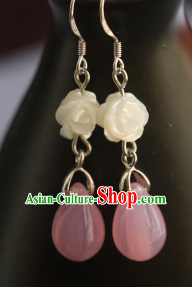 Handmade Traditional Shell Carving Rose Ear Accessories Chinese National Pink Water Drop Earrings