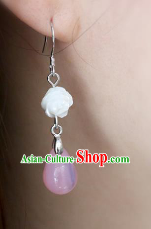 Handmade Traditional Shell Carving Rose Ear Accessories Chinese National Pink Water Drop Earrings