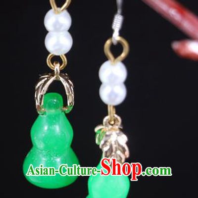 Handmade Traditional Green Jade Gourd Ear Accessories Chinese Hanfu Jewelry National Earrings