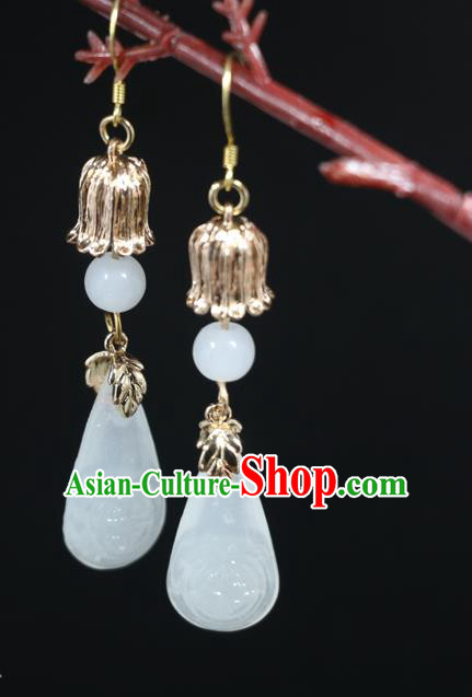 Handmade Traditional White Glass Ear Accessories Chinese Hanfu Jewelry National Golden Convallaria Earrings