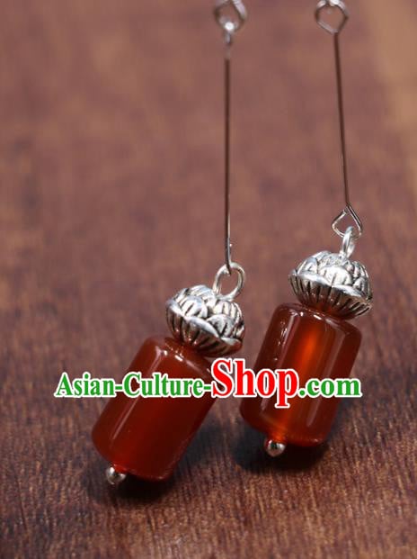 Handmade Traditional Silver Lotus Ear Accessories Chinese Hanfu Jewelry National Agate Earrings Handmade Traditional Silver Lotus Ear Accessories Chinese Hanfu Jewelry National Agate Earrings