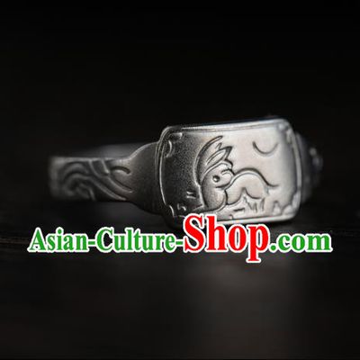 China Ming Dynasty Silver Ring Ancient Princess Carving Rabbit Finger Ring for Women