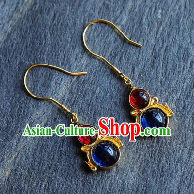 Handmade Chinese Traditional Ming Dynasty Ear Accessories Gems Jewelry Ancient Court Empress Golden Gourd Earrings