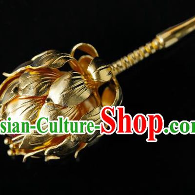 China Traditional Handmade Golden Lotus Hair Accessories Ancient Empress Hair Clip Ming Dynasty Palace Hairpin for Women