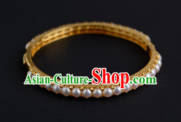 Chinese Ancient Princess Pearls Bracelet Gilding Accessories Traditional Ming Dynasty Jewelry Chinese Ancient Princess Pearls Bracelet Gilding Accessories Traditional Ming Dynasty Jewelry