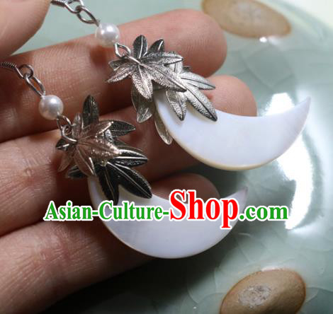 Handmade Traditional Shell Moon Ear Accessories Chinese National Silver Maple Leaf Earrings Handmade Traditional Shell Moon Ear Accessories Chinese National Silver Maple Leaf Earrings