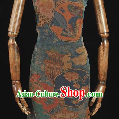 Top Grade Silk Drapery Cheongsam Fabric Chinese Traditional Palace Fan Pattern Blue Gambiered Guangdong Gauze