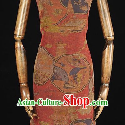 Top Grade Cheongsam Fabric Chinese Traditional Palace Fan Pattern Red Gambiered Guangdong Gauze Silk Drapery
