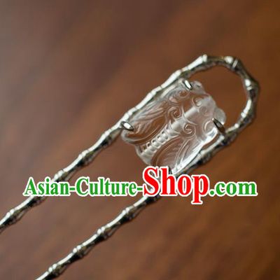 China Traditional Ancient Court Woman Hair Accessories Hanfu Argent Bamboo Hair Stick Ming Dynasty White Crystal Cicada Hairpin