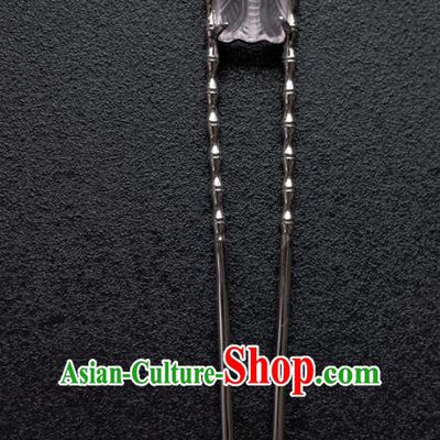 China Hanfu Argent Bamboo Hair Stick Ming Dynasty Rose Quartz Cicada Hairpin Traditional Ancient Court Woman Hair Accessories