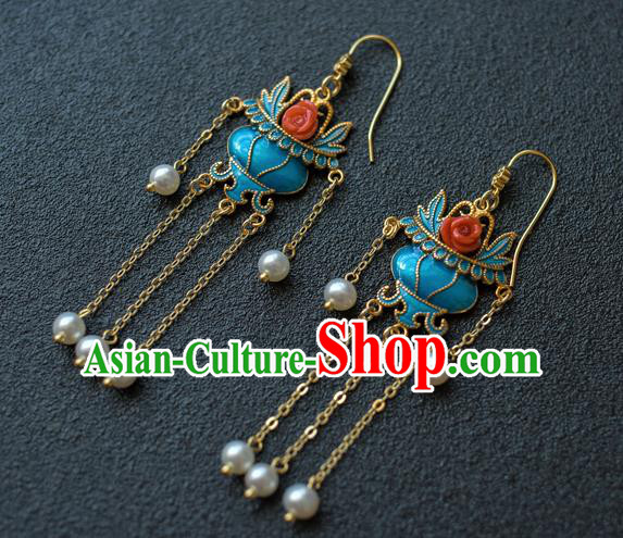 China Ancient Court Lady Blueing Ear Jewelry Accessories Traditional Qing Dynasty Tassel Earrings China Ancient Court Lady Blueing Ear Jewelry Accessories Traditional Qing Dynasty Tassel Earrings