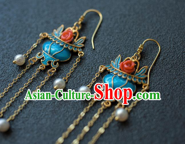 China Ancient Court Lady Blueing Ear Jewelry Accessories Traditional Qing Dynasty Tassel Earrings China Ancient Court Lady Blueing Ear Jewelry Accessories Traditional Qing Dynasty Tassel Earrings