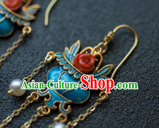 China Ancient Court Lady Blueing Ear Jewelry Accessories Traditional Qing Dynasty Tassel Earrings China Ancient Court Lady Blueing Ear Jewelry Accessories Traditional Qing Dynasty Tassel Earrings