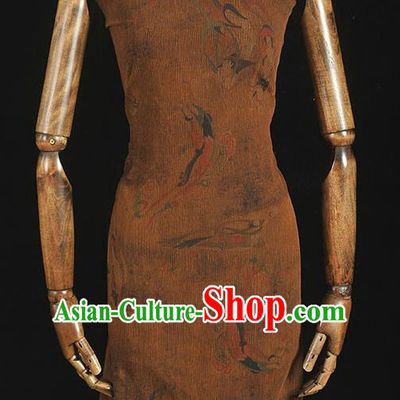 Top Grade Brown Crepe Chinese Traditional Flying Apsaras Pattern Silk Drapery Cheongsam Gambiered Guangdong Gauze Fabric