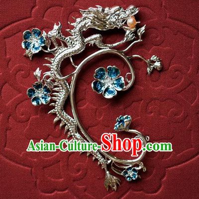 China Traditional Qing Dynasty Queen Gilding Dragon Earrings Ancient Empress Blue Plum Ear Jewelry Accessories