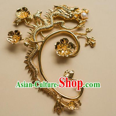 China Traditional Qing Dynasty Queen Earrings Ancient Empress Gilding Dragon Plum Ear Jewelry Accessories