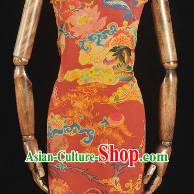 Top Grade Craquelure Fabric Chinese Traditional Dragon Lotus Pattern Silk Drapery Cheongsam Red Gambiered Guangdong Gauze