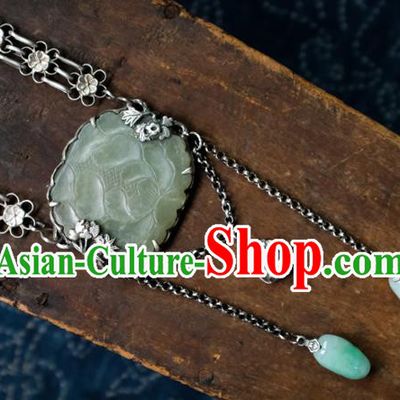 China Handmade National Silver Jewelry Accessories Traditional Jade Carving Lotus Necklace Pendant