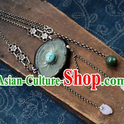 Handmade China Traditional Jade Carving Lotus Necklace Pendant National Silver Jewelry Accessories