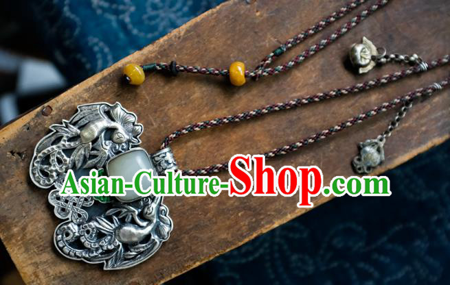 Handmade China Traditional Jade Necklace Accessories National Silver Carving Jewelry Pendant