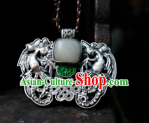 Handmade China Traditional Jade Necklace Accessories National Silver Carving Jewelry Pendant