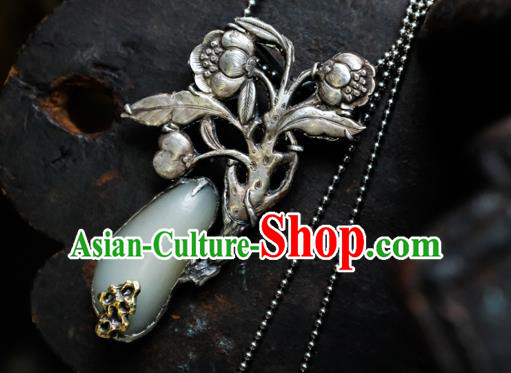 Handmade China Traditional White Jade Necklace Accessories National Silver Carving Flowers Jewelry Pendant