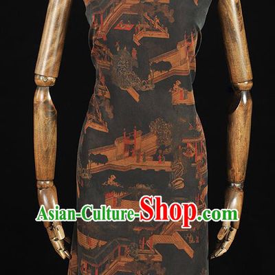 Top Chinese Cheongsam Black Gambiered Guangdong Gauze Fabric Traditional Winding Corridor Pattern Silk Drapery
