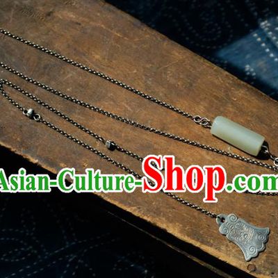 Handmade China Silver Accessories National Women Red Agate Gourd Jewelry Traditional White Jade Necklace Pendant
