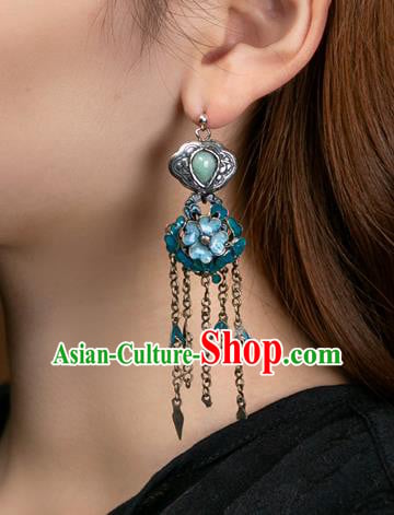China Traditional Jade Jewelry Handmade Silver Tassel Ear Accessories National Blueing Flowers Earrings China Traditional Jade Jewelry Handmade Silver Tassel Ear Accessories National Blueing Flowers Earrings