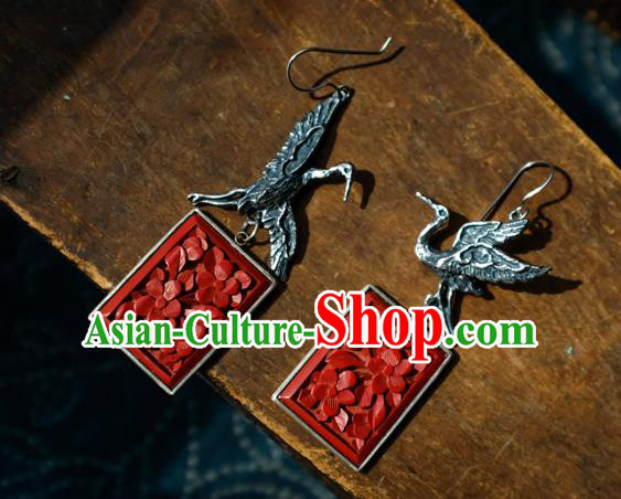 China Traditional Vermilion Seal Jewelry Handmade Silver Carving Crane Ear Accessories National Earrings China Traditional Vermilion Seal Jewelry Handmade Silver Carving Crane Ear Accessories National Earrings
