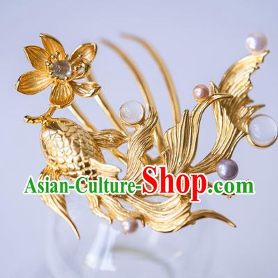 China Ancient Hanfu Gilding Fish Lotus Hair Comb Court Hair Accessories Traditional Ming Dynasty Empress Hairpin