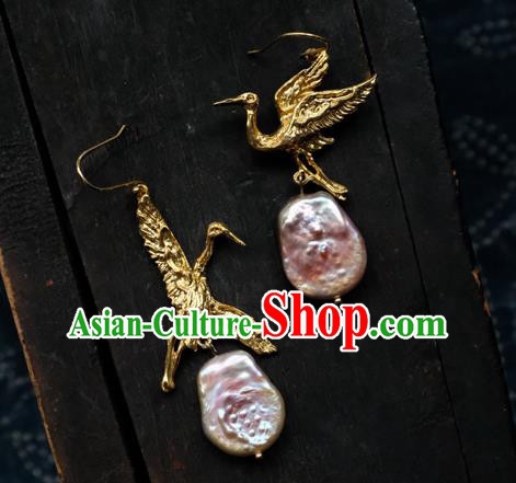 China Handmade Golden Crane Ear Accessories National Earrings Traditional Pink Stone Jewelry China Handmade Golden Crane Ear Accessories National Earrings Traditional Pink Stone Jewelry