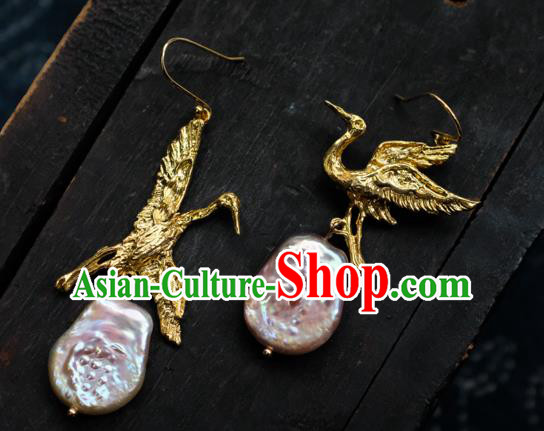China Handmade Golden Crane Ear Accessories National Earrings Traditional Pink Stone Jewelry China Handmade Golden Crane Ear Accessories National Earrings Traditional Pink Stone Jewelry