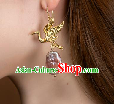China Handmade Golden Crane Ear Accessories National Earrings Traditional Pink Stone Jewelry China Handmade Golden Crane Ear Accessories National Earrings Traditional Pink Stone Jewelry